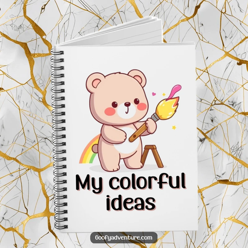 Funny kawaii bear painting a rainbow with a cheerful paintbrush, inside this cute notebook for writing.