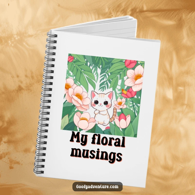 Funny notebook featuring a curious cat character exploring a jungle of oversized flowers, designed for jotting down notes and creative ideas.