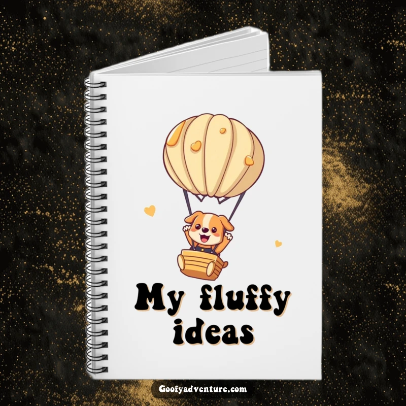 Funny dog notebook depicting a playful dog parachuting from a pancake hot air balloon. Great for journaling adventures.