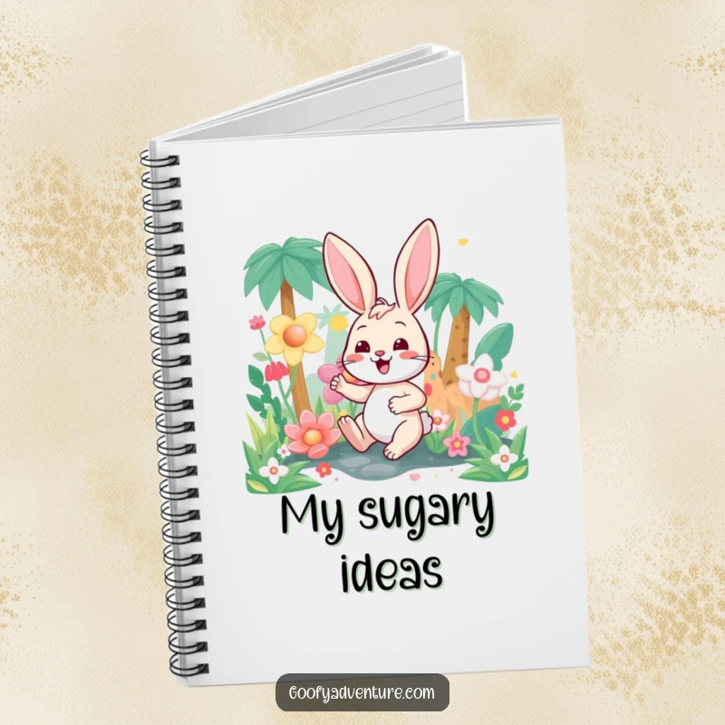 Funny happy bunny character exploring a candy-colored jungle, depicted on a notebook cover for jotting down sweet thoughts and dreams.