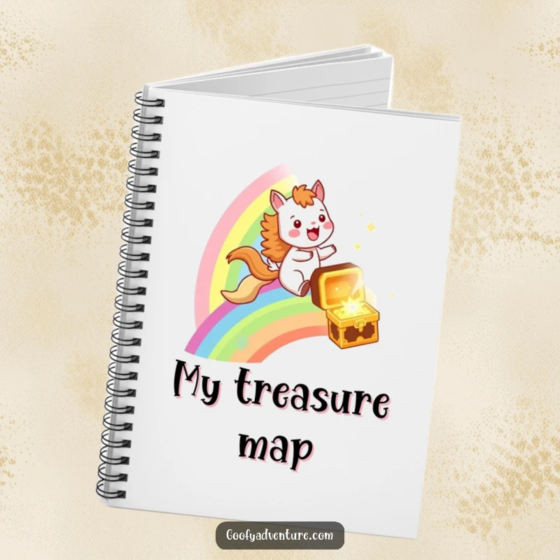 Funny notebook featuring a joyful animal character riding a rainbow to a treasure chest, ideal for capturing creative ideas and dreams.