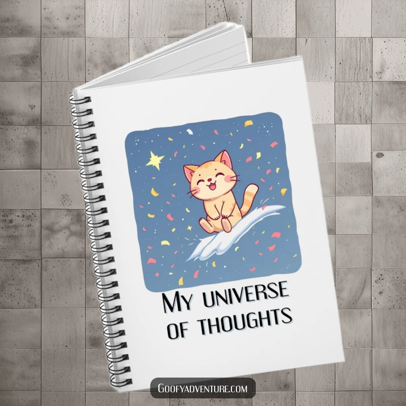 Funny cat notebook with a happy cat riding a confetti wave into a starry sky. Ideal for jotting down cosmic thoughts.