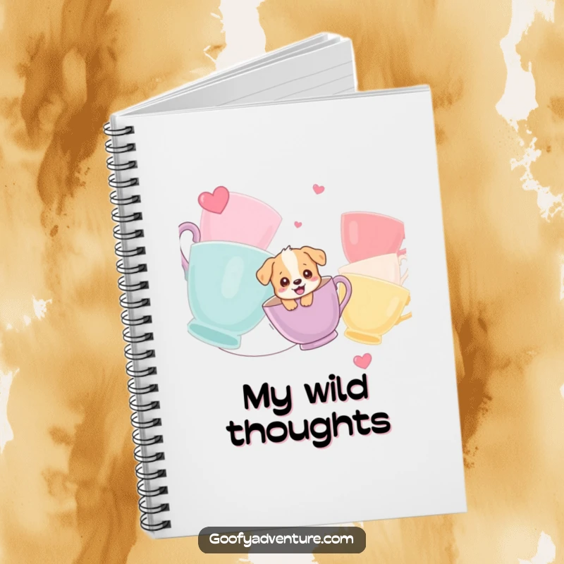 Funny notebook featuring a giggling puppy character ziplining between giant teacups, designed for jotting down thoughts and playful ideas.