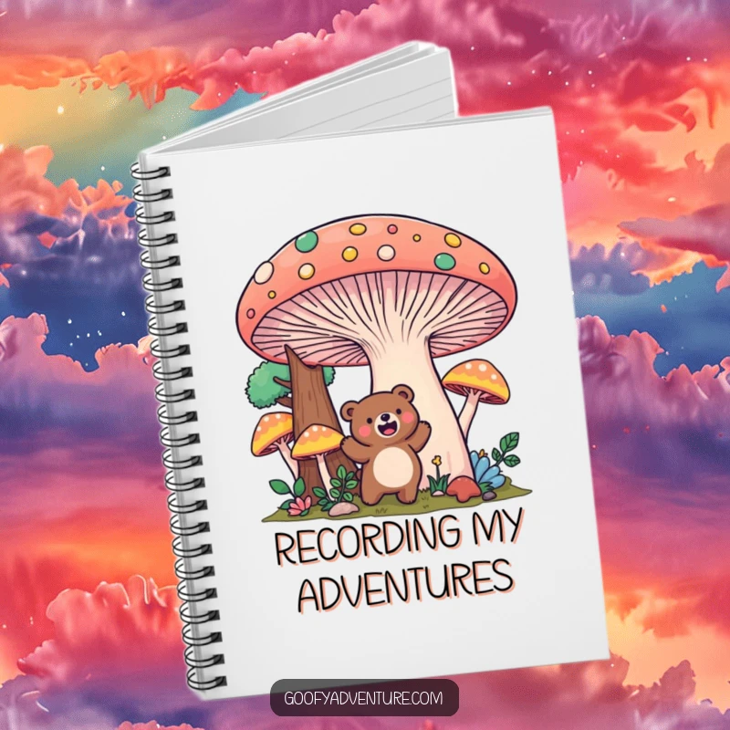 Funny Kawaii bear mushroom forest notebook, excitedly exploring a giant, colorful mushroom landscape, perfect for journaling.