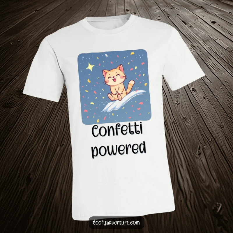 Funny cat t-shirt depicting a happy cat riding a colorful wave of confetti into a vast, starry night sky. A humorous celestial journey.