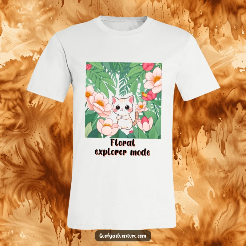 Funny T-Shirt showing a curious cat venturing bravely through an exotic jungle landscape adorned with oversized, colorful flowers.