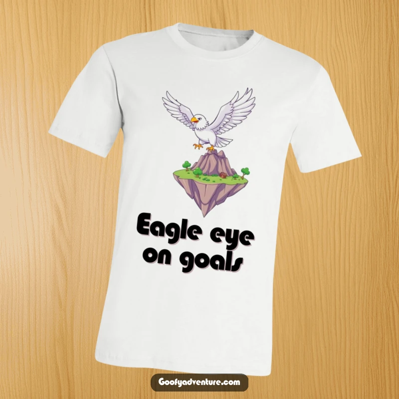 Funny eagle soaring over a fantastical floating island, wings outstretched, fantasy adventure, ideal funny gift.