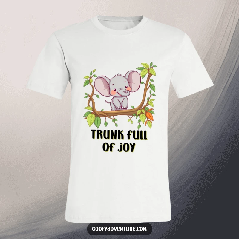 Funny happy elephant crossing a jungle vine bridge with glee, vibrant colors, jungle adventure, ideal funny gift.