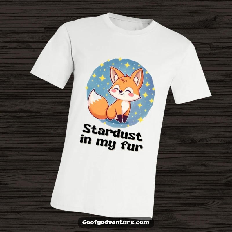 Funny fox character navigating a colorful swirling galaxy of stars, printed on a t-shirt, for cosmic adventurers, funny gift.