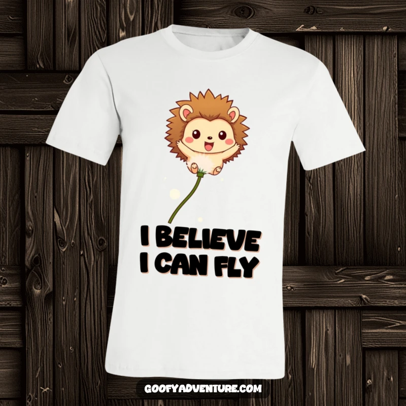 Funny T-Shirt showcasing a happy hedgehog character riding a dandelion seed through the sky, capturing imagination and lightheartedness.