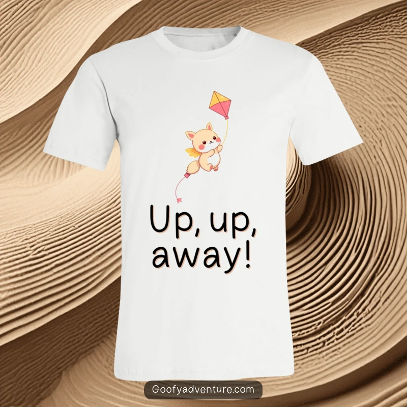 Funny kawaii animal character soaring through the sky on a colorful kite, a humorous and adventurous t-shirt graphic.