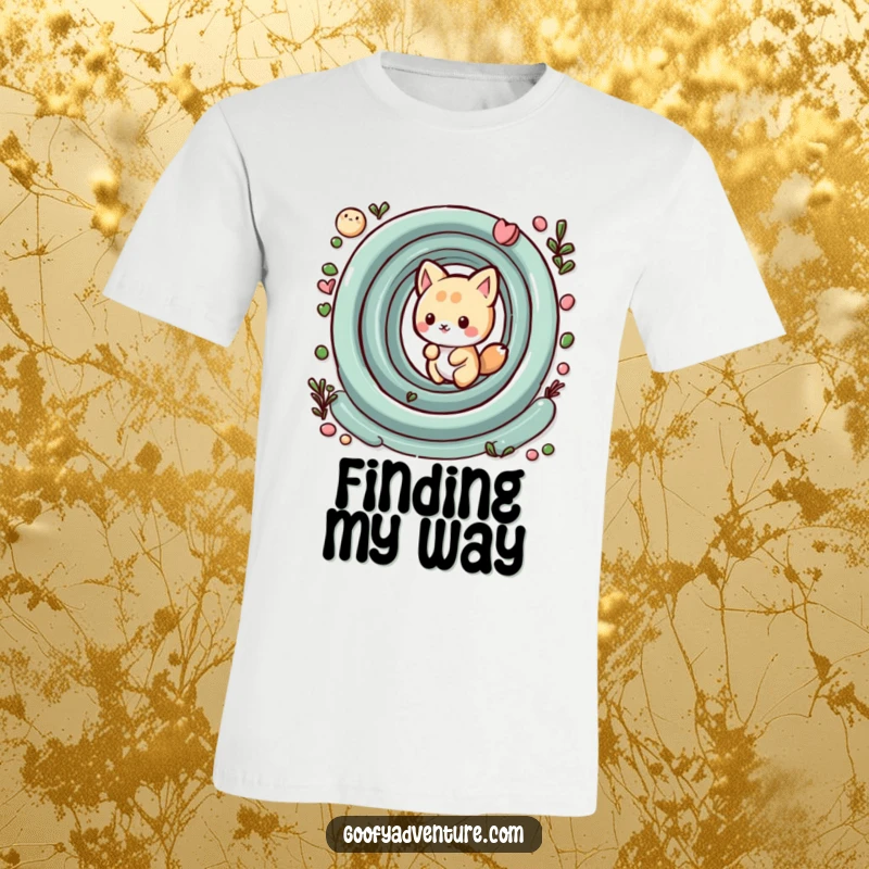 Funny kawaii animal character playfully navigating a whimsical maze, a humorous and engaging t-shirt design.