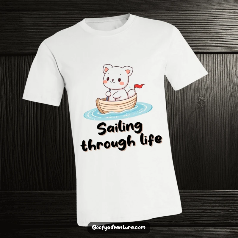 Funny kawaii animal character joyfully sailing a tiny boat on sparkly water, a humorous and cute t-shirt design.
