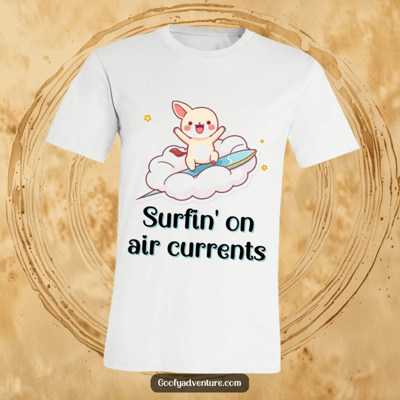 Funny kawaii animal character joyfully surfing on a fantastical cloud, captured in a dynamic pose, showcasing pure exhilaration.