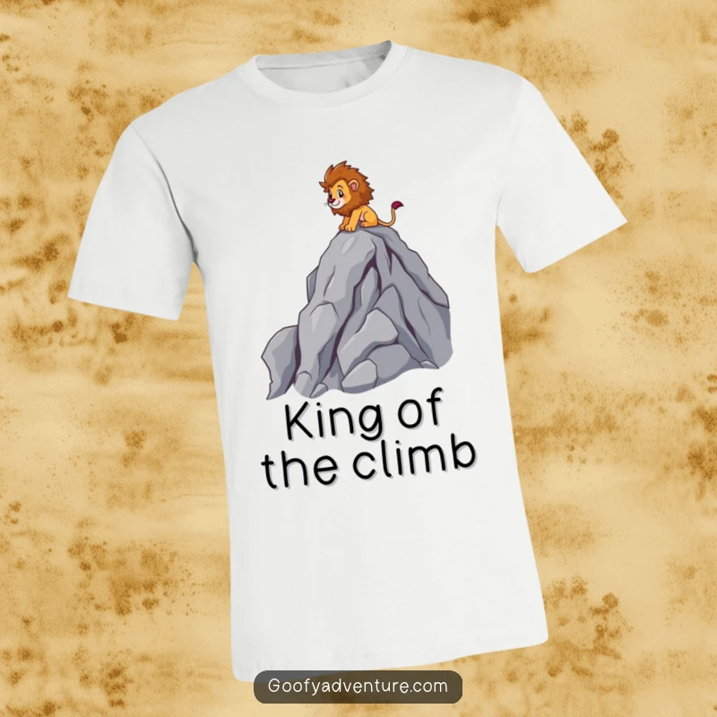 Funny brave lion character scaling a rocky cartoon mountain peak, athletic pose, adventure tee, ideal funny gift.