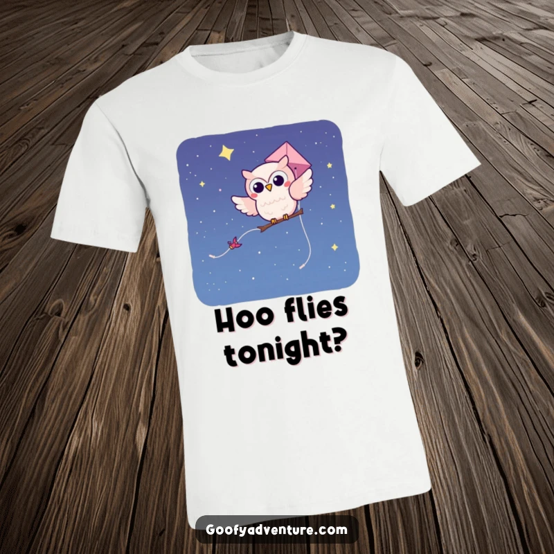 Kawaii owl character riding a kite high in a starry night sky, depicted on a comfortable t-shirt.