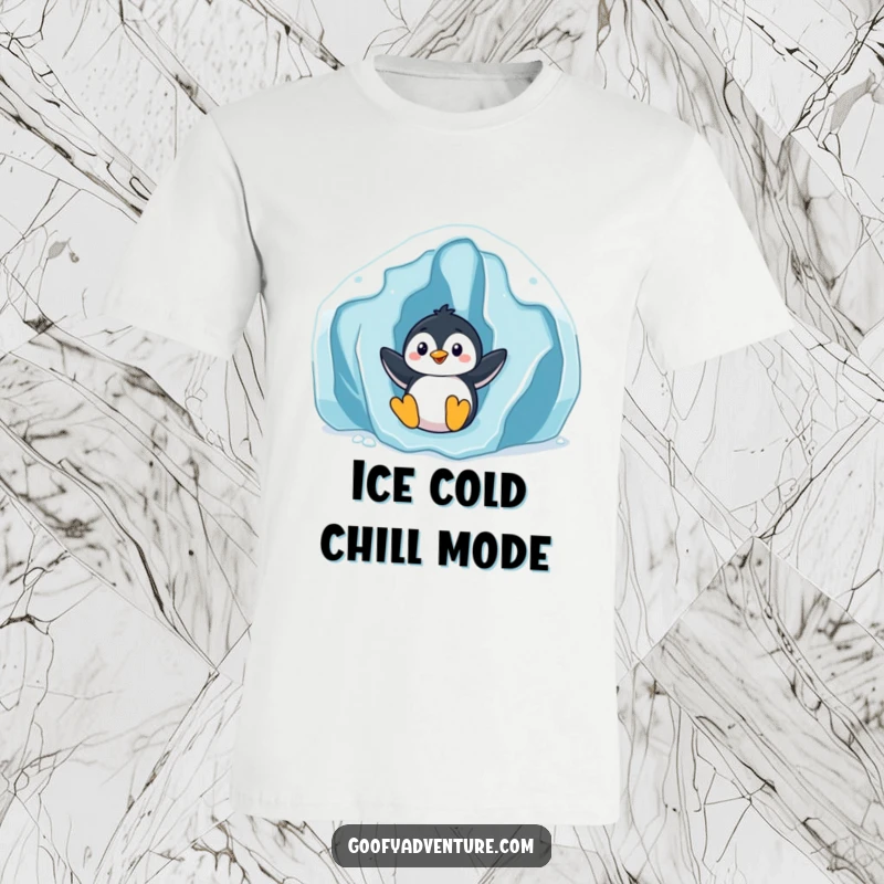 Funny playful penguin sliding down an oversized icy glacier, action shot, winter fun, ideal funny gift.