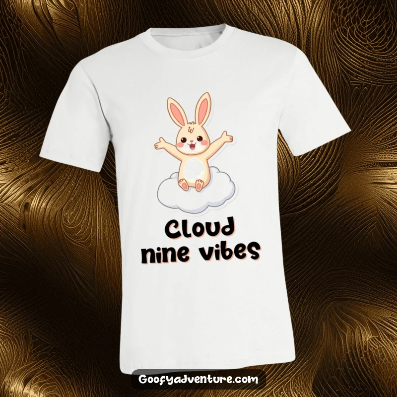 Funny rabbit flying cloud t-shirt showing a cheerful rabbit with arms outstretched, riding a cloud with pure bliss and freedom.