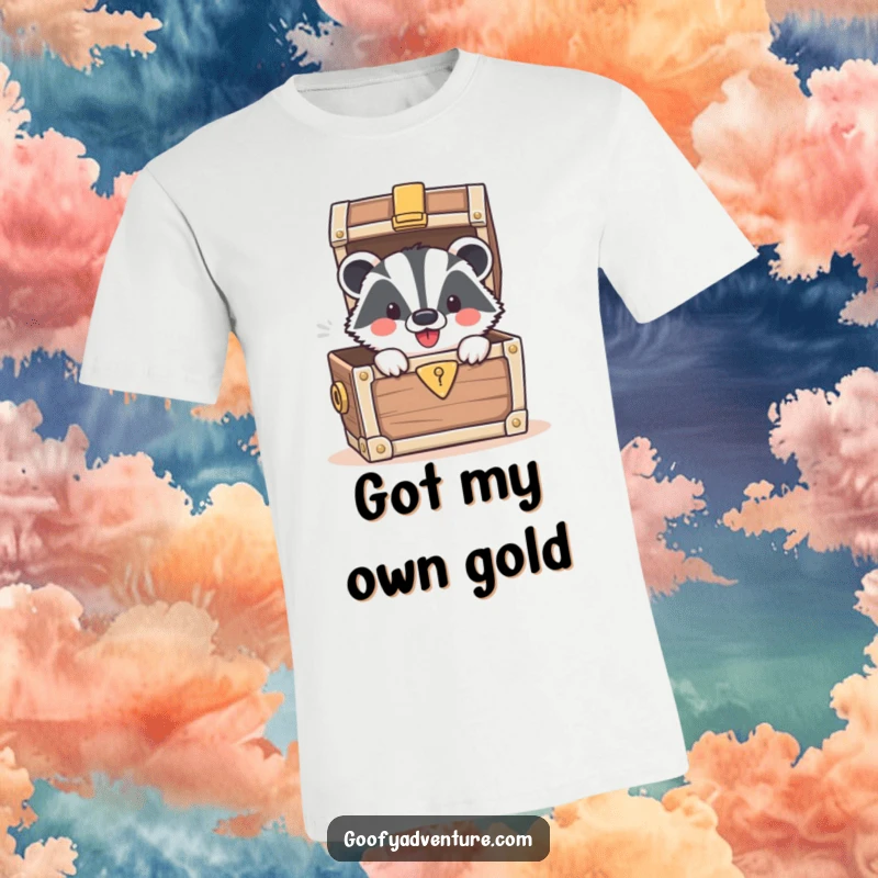 Funny t-shirt with a cheerful badger popping out of a treasure chest brimming with gold coins and jewels.