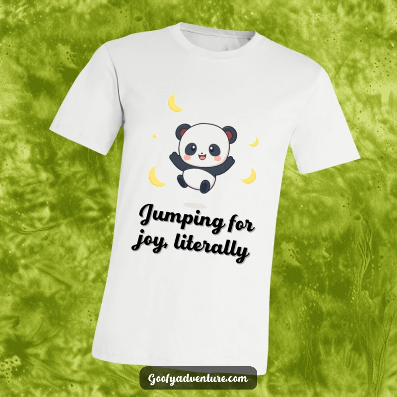 Funny Panda Moon Jumper T-Shirt: A happy panda character effortlessly jumps between luminous moon crescents, showcasing playful adventure.