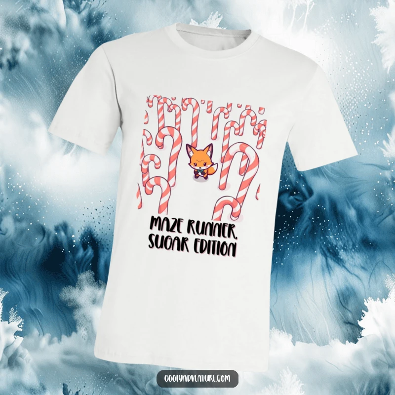 Funny Fox t-shirt, determinedly navigating a maze made of giant candy canes, perfect for strategic thinkers.