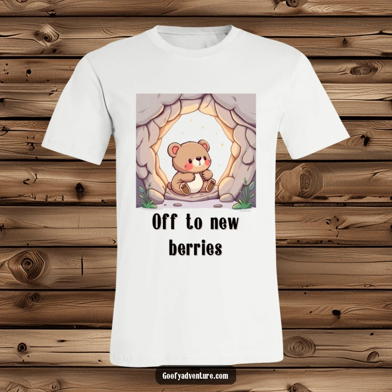 Funny t-shirt with a curious bear cub cautiously stepping through a glowing portal into a fantastical new dimension.