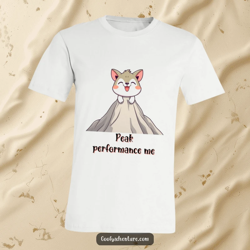 Funny t-shirt featuring a playful animal character grinning as it scales a huge, welcoming mountain peak with determination.