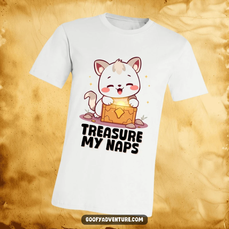 Funny kawaii animal character joyfully discovering a glowing treasure chest, a humorous and excited t-shirt graphic.