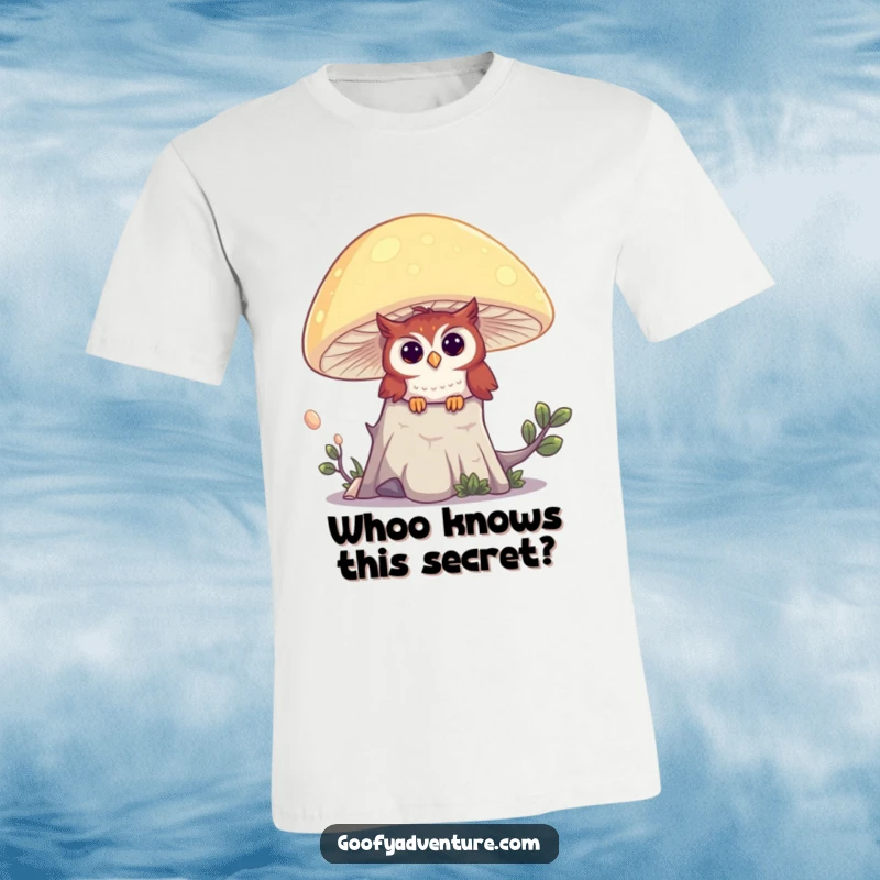Funny t-shirt design of a curious owl peeking mischievously from behind a vibrantly glowing, oversized mushroom.