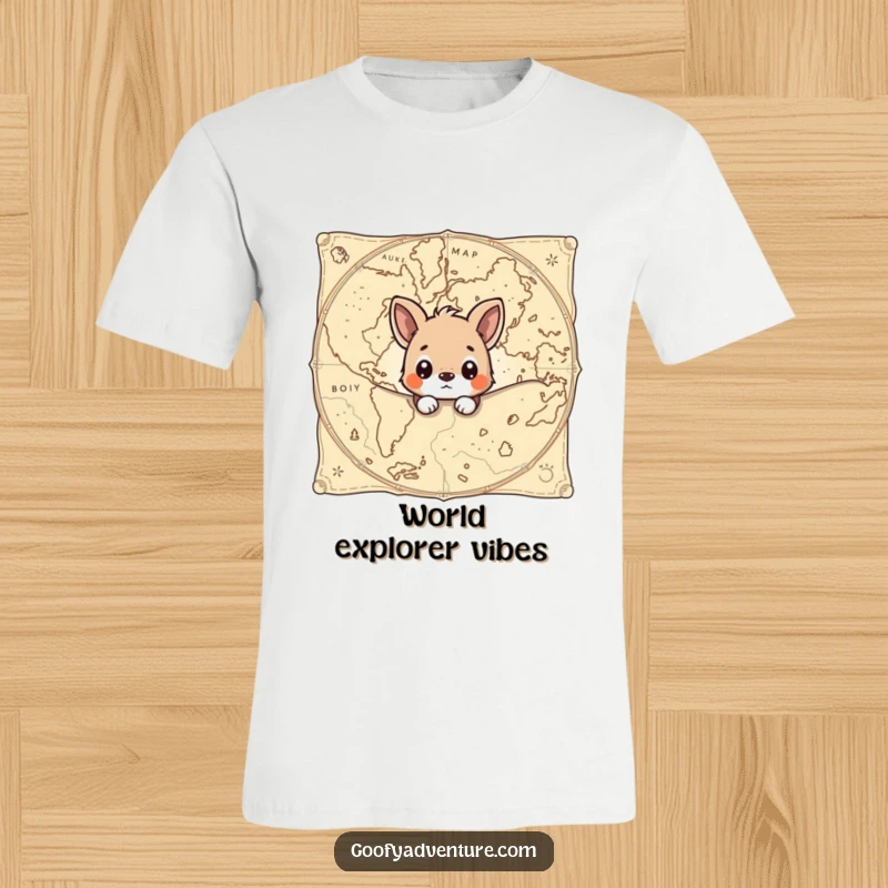 Funny t-shirt featuring a curious animal peeking from behind a massive, ancient map, embodying a spirit of exploration and intrigue.