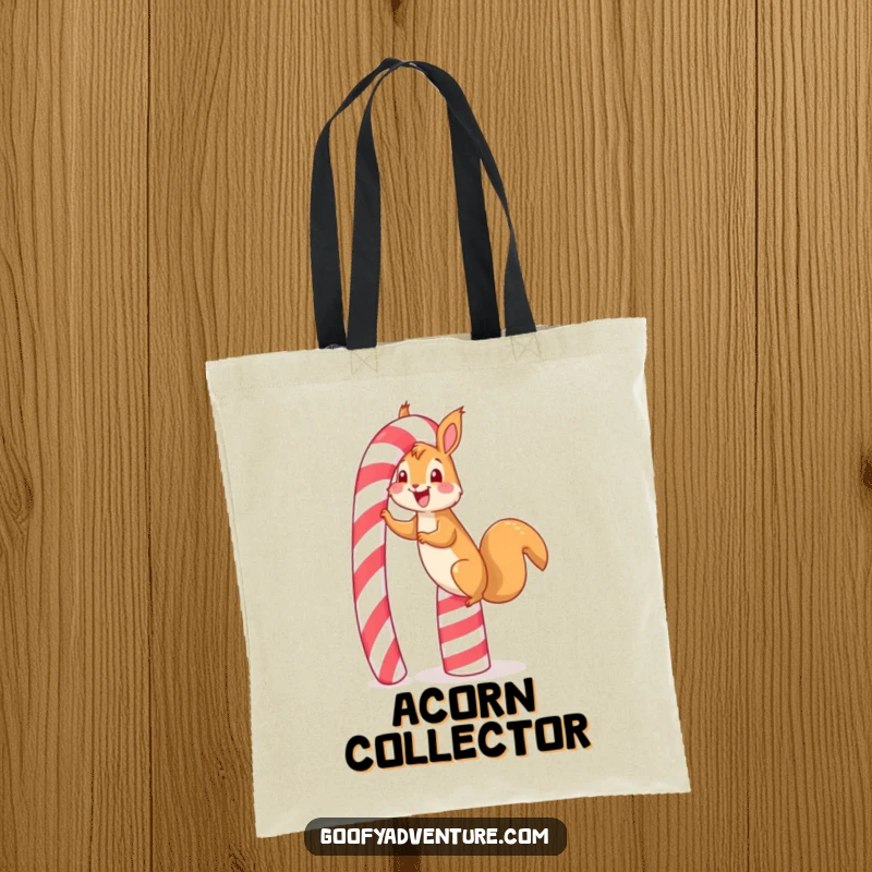 Funny happy squirrel tote bag, gleefully scaling a giant candy cane, perfect for carrying sweet treasures and daily essentials.