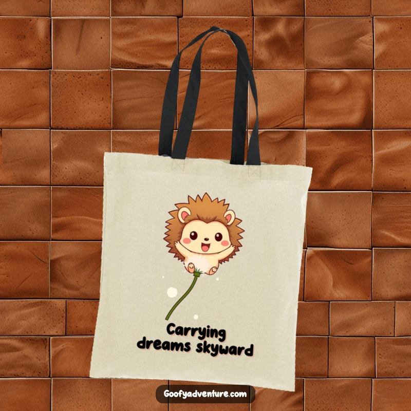 Funny tote bag with a happy hedgehog character flying on a dandelion seed, perfect for carrying essentials with a dose of cheer.