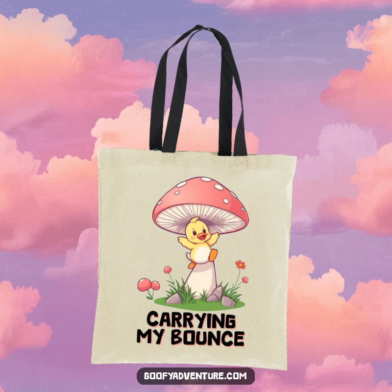 Funny duckling mushroom tote bag, a playful duckling launching from a giant, springy mushroom, charming and practical.