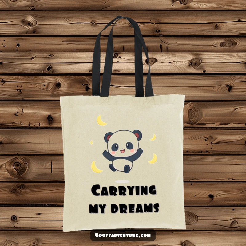 Funny Panda Moon Jumper Tote Bag: A joyful panda leaps between crescent moons, making this bag a whimsical and functional accessory.