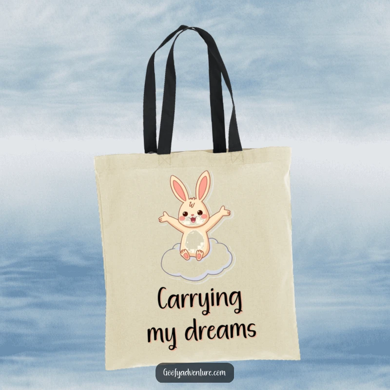 Funny rabbit flying cloud tote bag with a cheerful rabbit joyfully riding a cloud with outstretched arms.