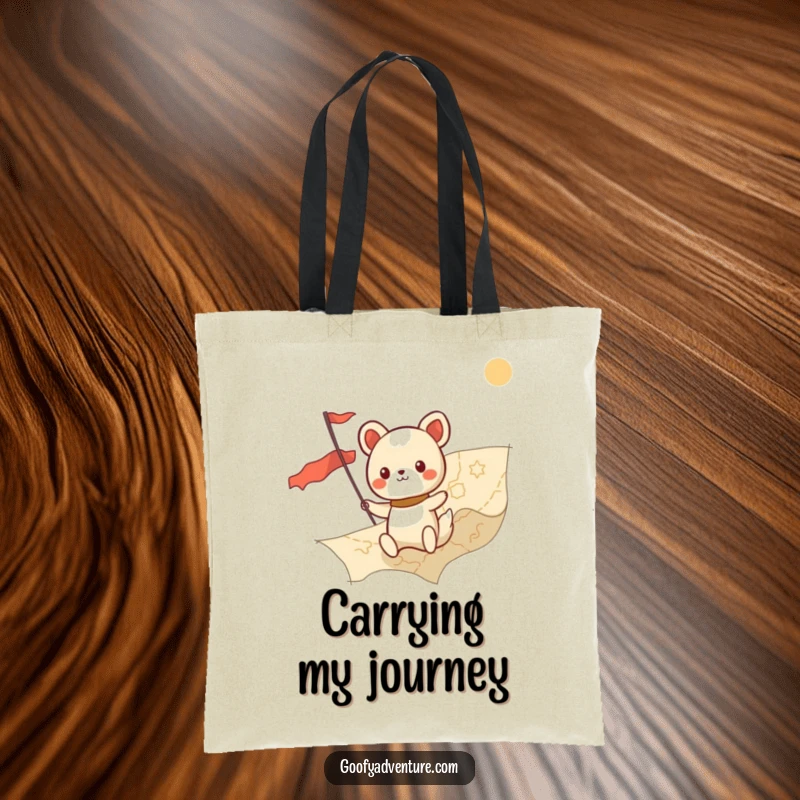 Funny kawaii animal character bravely charting a course on a giant map, a charming and humorous tote bag.