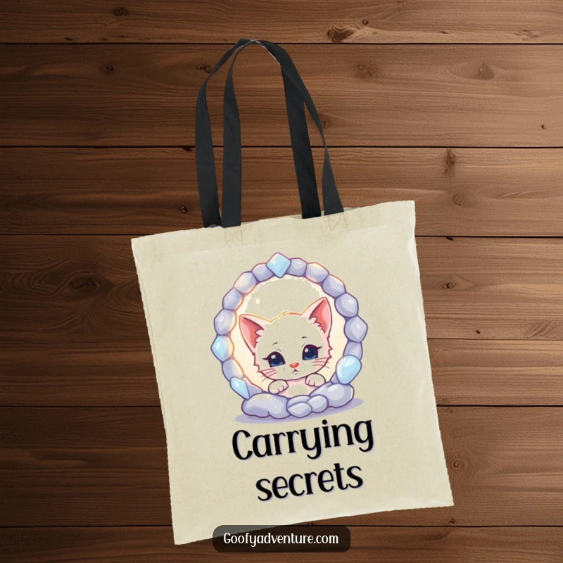 Funny kitten character peering into a mystical, shimmering portal on a tote bag, ideal for carrying essentials with flair.