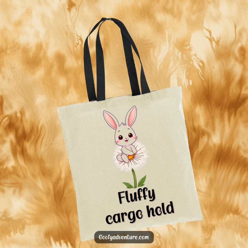 Funny bunny character on a giant dandelion seed, depicted on a durable tote bag, ready for adventure, funny gift.