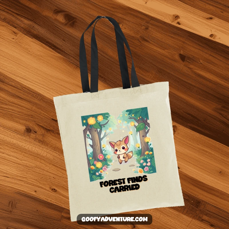 Funny tote bag with a determined animal navigating a whimsical forest brimming with glowing flora, perfect for carrying essentials.
