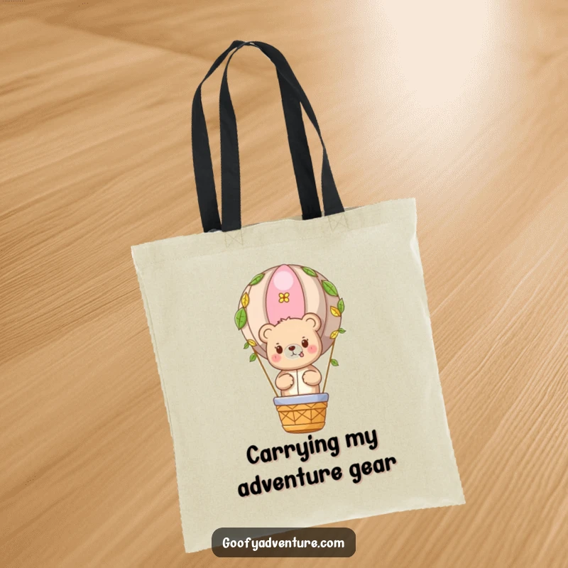 Funny Bear Adventure Tote Bag: Cute bear character in a hot air balloon, a humorous and practical tote.
