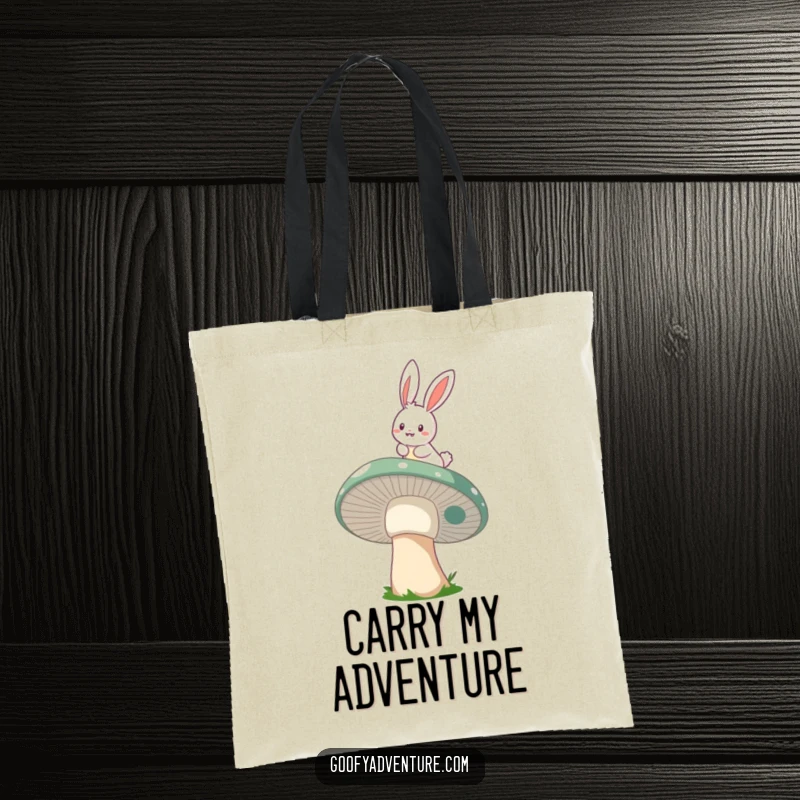 Funny cheerful bunny tote bag, riding a giant whimsical mushroom through the air, perfect for carrying magical essentials.