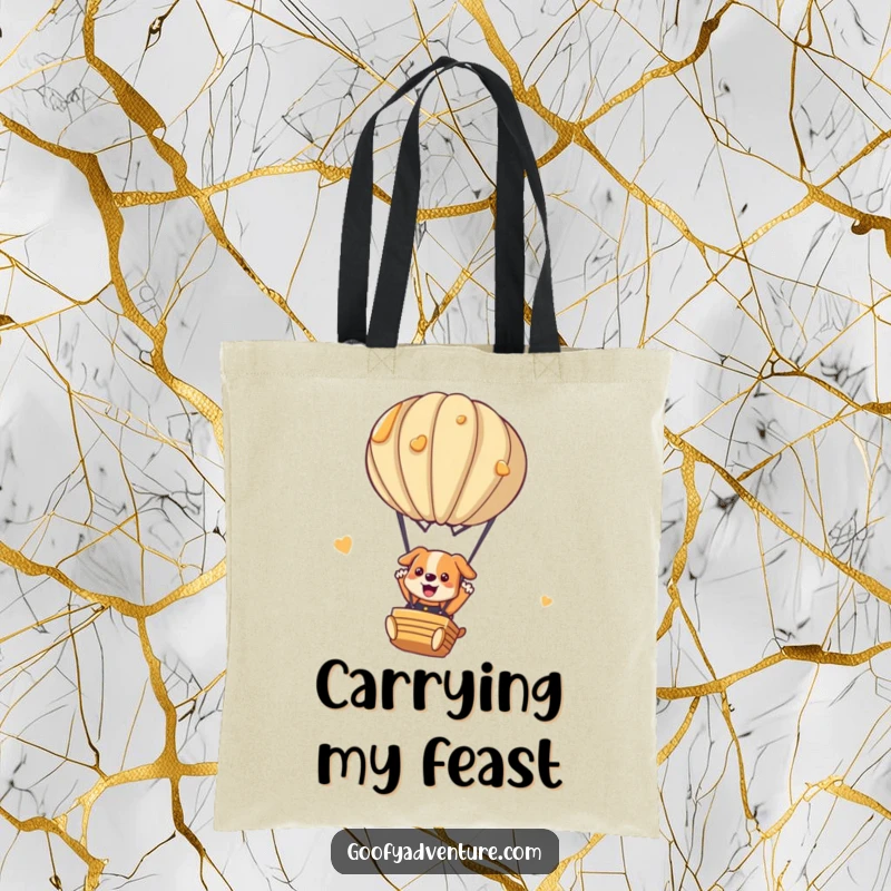 Funny dog tote bag featuring a playful dog parachuting from a hot air balloon made of pancakes. Whimsical and practical.