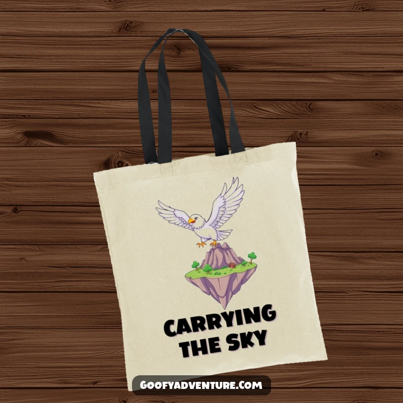 Funny eagle soaring over a fantastical floating island, sturdy tote bag, fantasy theme, excellent funny gift.