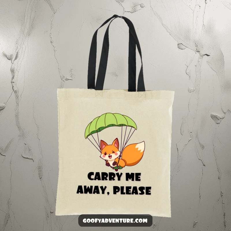 Funny fox character paragliding with a giant leaf parachute, designed on a tote bag, ready for any adventure.