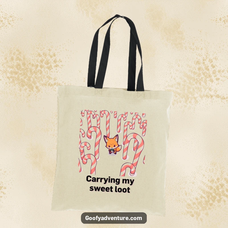 Funny Fox tote bag, determinedly navigating a maze made of giant candy canes, stylish and witty accessory.