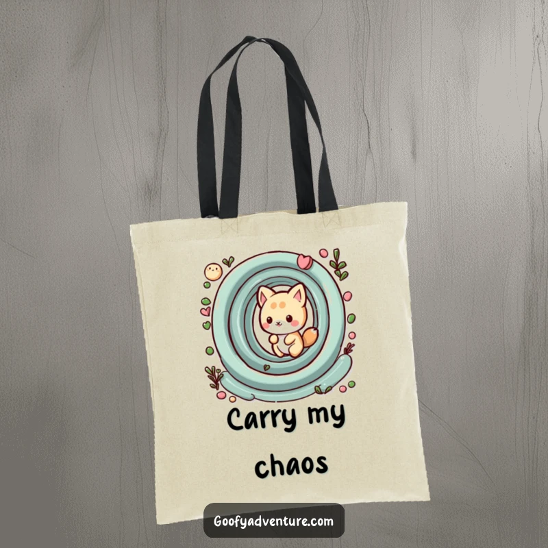 Funny kawaii animal character playfully navigating a whimsical maze, a practical and humorous tote bag for everyday use.