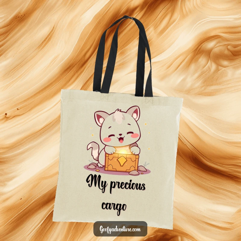 Funny kawaii animal character joyfully discovering a glowing treasure chest, a practical and humorous tote bag.
