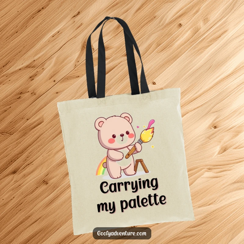 Funny kawaii bear painting a rainbow with a large, cheerful paintbrush, printed on a durable tote bag.