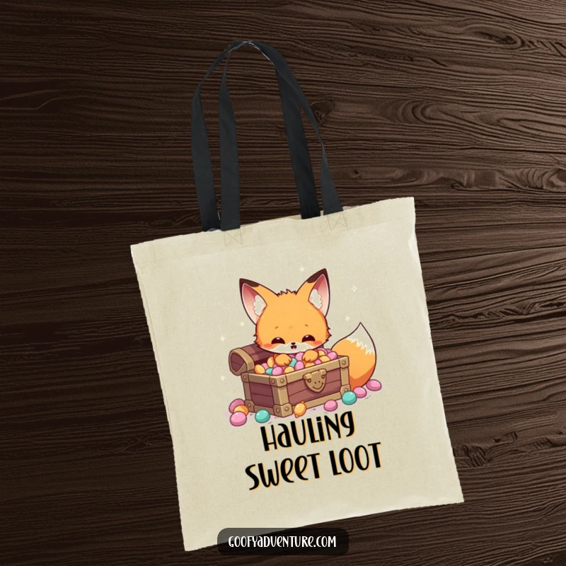 Funny Kawaii fox candy treasure tote bag, discovering a hidden chest of sparkling candy, perfect for essentials.