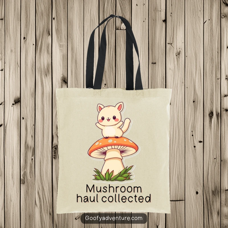Funny kawaii animal character in mid-air, leaping over a striking, oversized mushroom, on a practical tote bag.